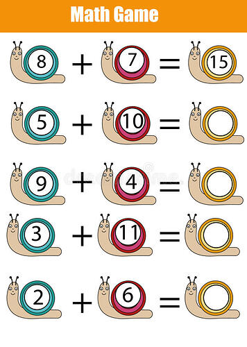 math-educational-counting-game-children-worksheet-learning-addition-mathematics-kids-calculate-numbers-snails-90181626