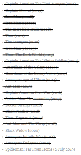 Marvel Movie Checklist, Chronological